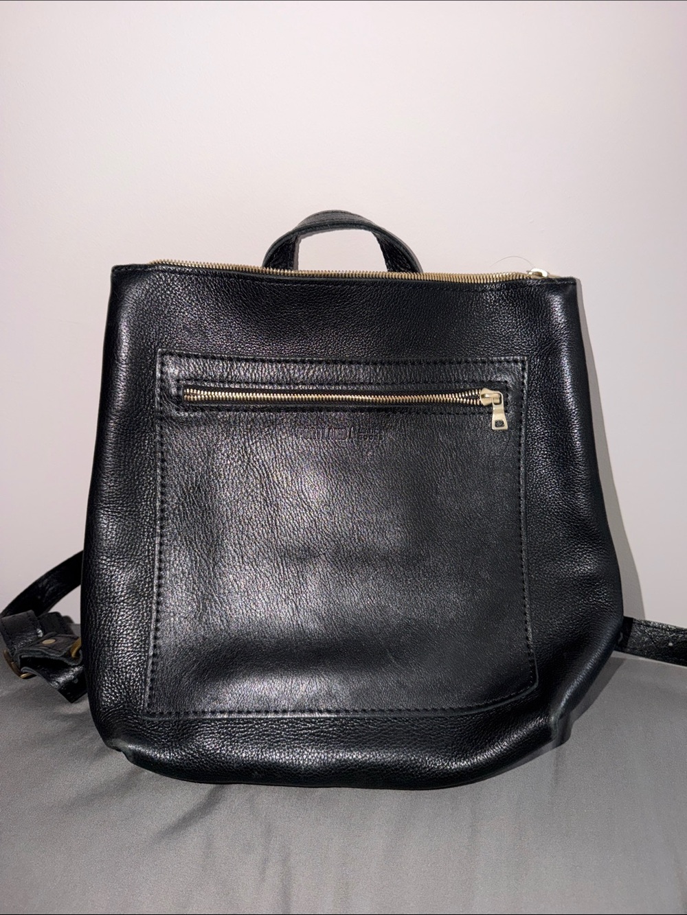 Portland Leather Black Leather Backpack with Front Zip Pocket